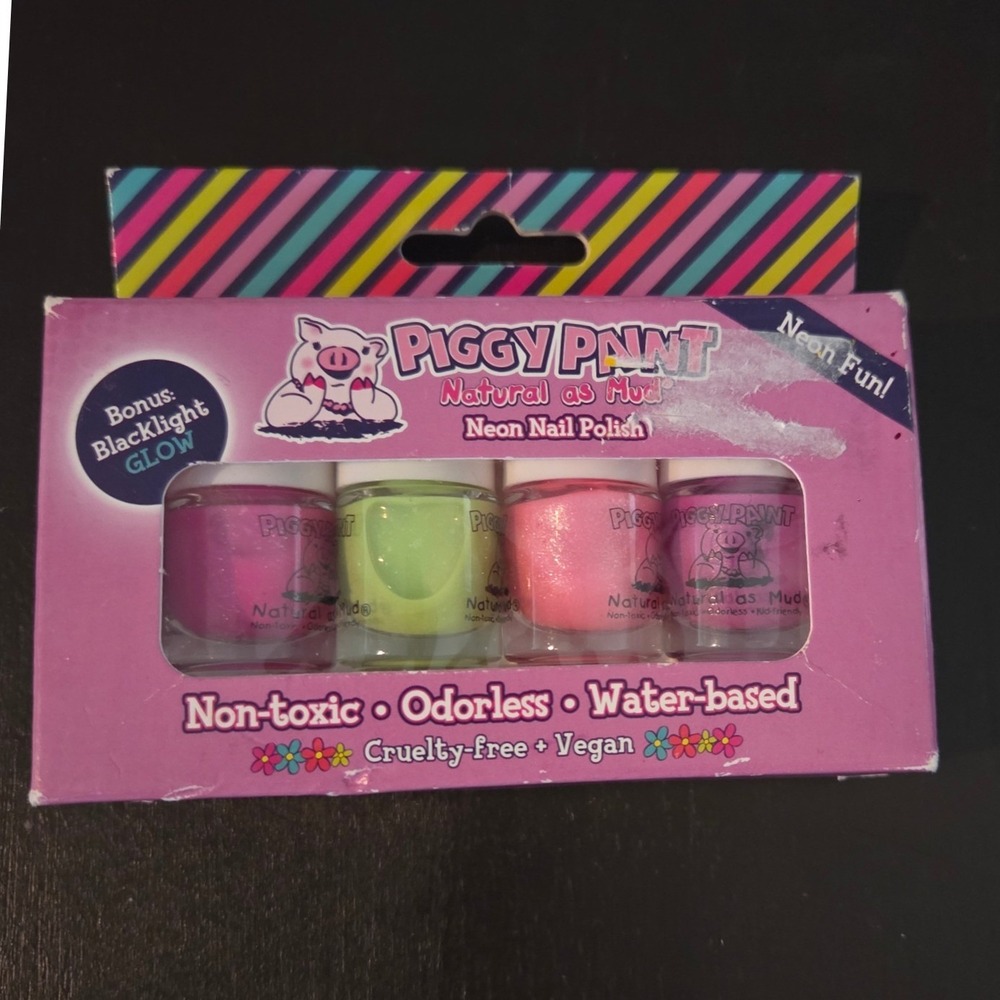 Piggy Paint Neon Nail Polish Set 4 Pack Non-Toxic Water-Based Blacklight Glow